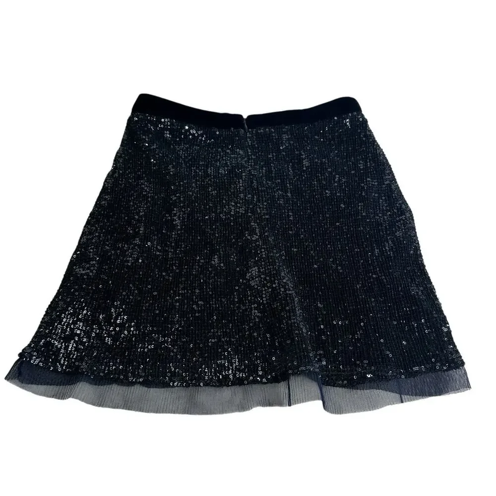 Free People Wild Child Slate Blue Sequin Mesh Sheer Hem Mini Skirt Size 2